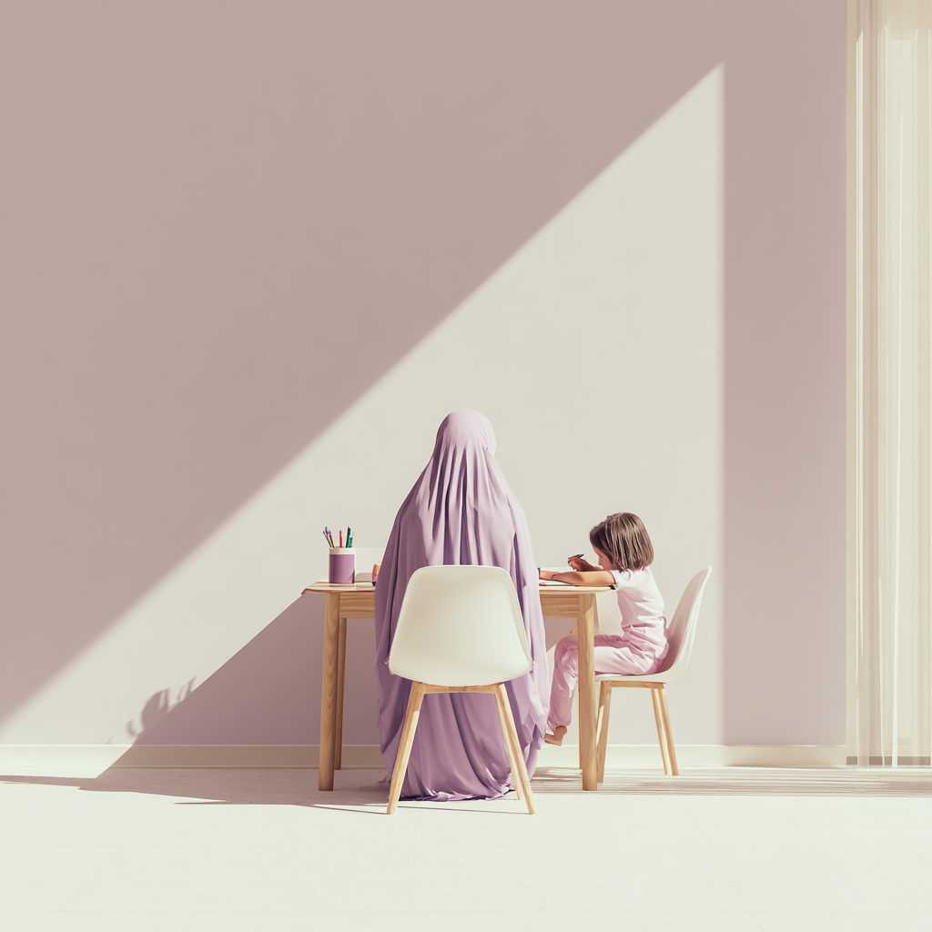 Mère voilée accompagnant sa fille dans ses devoirs, assises à une table claire